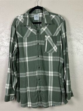 Ascend Olive Green and White Plaid Button-Up Shirt